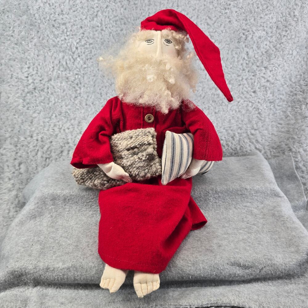Vintage Primitive Folk Art Santa Claus Soft Sculpture Doll Red Pillow1994
